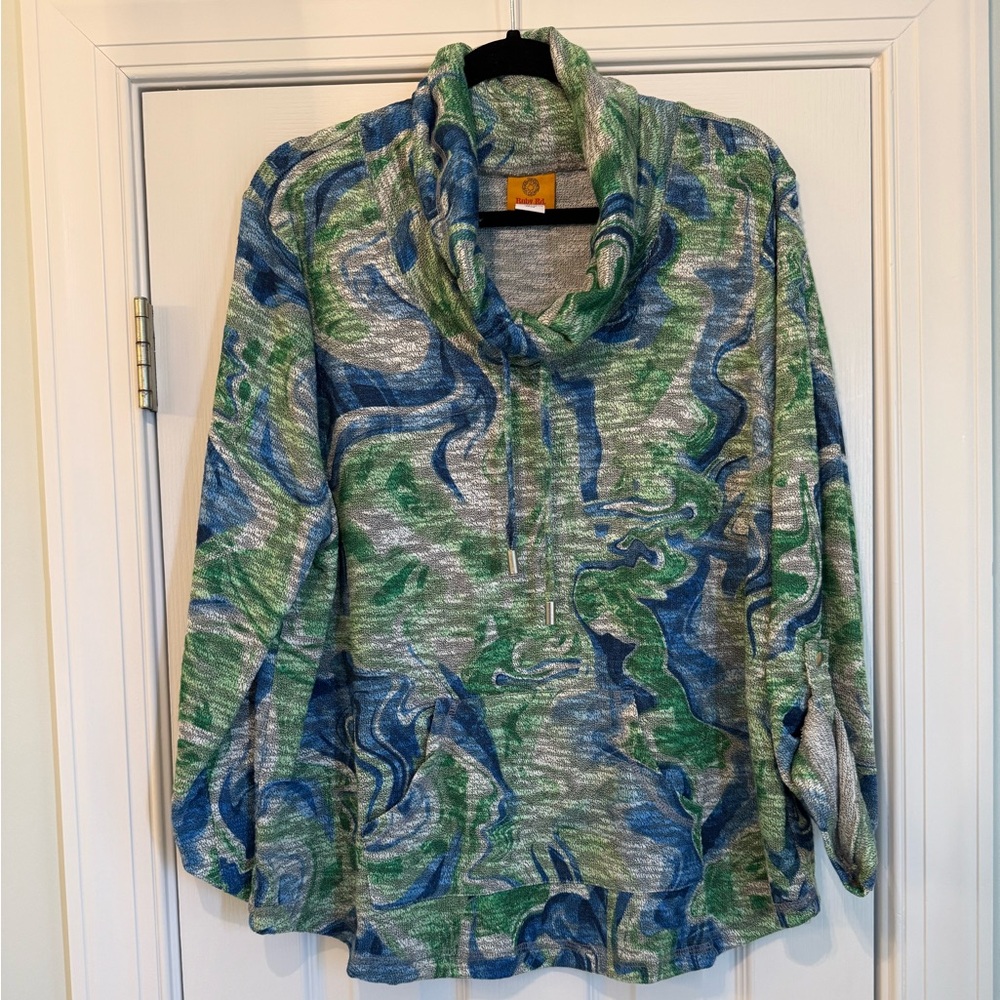 Ruby Rd. Blue and Green Cowl Neck Sweatshirt